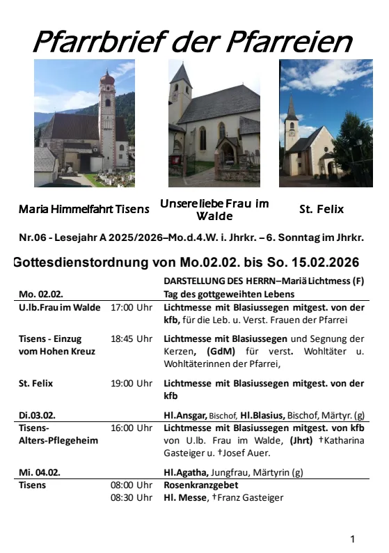 Lettera parrocchiale 02.02. - 15.02.2026 Lettera parrocchiale 02.02. - 15.02.2026