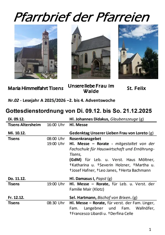 Lettera parrocchiale 09.12.-21.12.2025