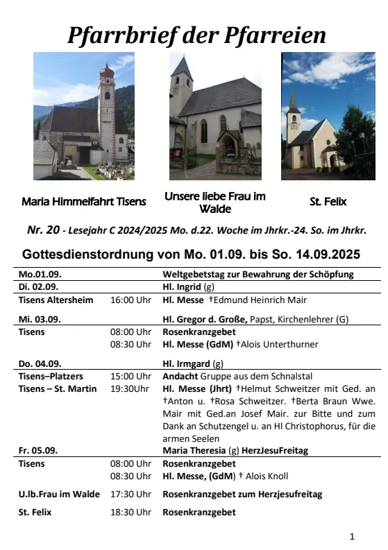 Lettera parrocchiale 01.09. - 14.09.2025