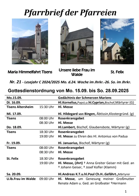 Lettera parrocchiale 15.09. - 28.09.2025