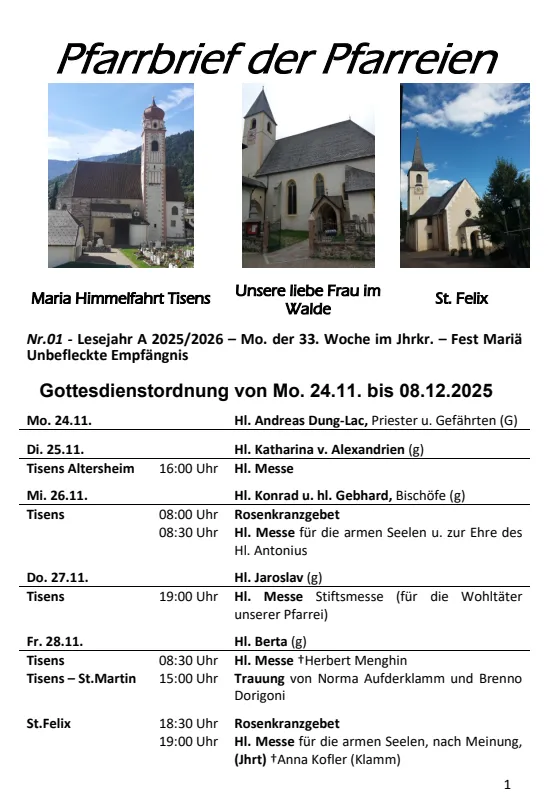 Lettera parrocchiale 24.11. - 08.12.2025