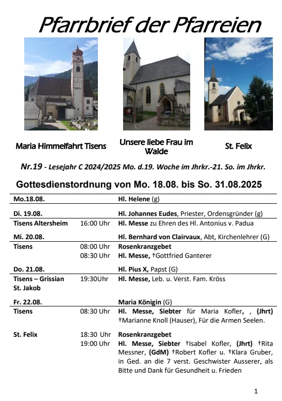 Lettera parrocchiale 18.08. - 31.08.2025