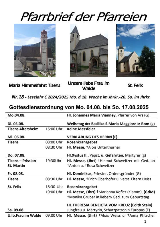 Lettera parrocchiale 04.08. - 17.08.2025